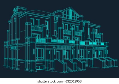 wire frame drawing of a house. perspective illustration using only lines