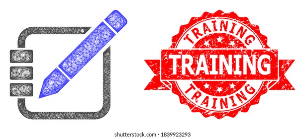 Wire frame edit records icon, and Training rubber ribbon seal. Red seal includes Training tag inside ribbon.Geometric wire frame 2D net based on edit records icon, generated with intersected lines.
