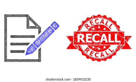 Wire frame edit text page icon, and Recall scratched ribbon seal print. Red seal includes Recall tag inside ribbon.Geometric wire frame flat net based on edit text page icon,
