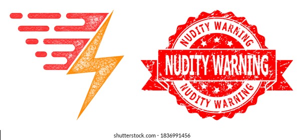 Wire frame electric power icon, and Nudity Warning textured ribbon stamp seal. Red stamp seal has Nudity Warning text inside ribbon.Geometric linear frame 2D network based on electric power icon,