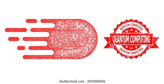 Wire frame electron flight icon, and Quantum Computing unclean ribbon stamp. Red stamp seal has Quantum Computing text inside ribbon.Geometric wire frame flat net based on electron flight icon,