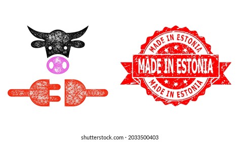 Wire frame farm power supply icon, and Made in Estonia unclean ribbon watermark. Red stamp has Made in Estonia title inside ribbon.Geometric wire frame flat network based on farm power supply icon,