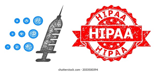 Wire frame fast vaccine icon, and Hipaa textured ribbon seal print. Red stamp seal has Hipaa title inside ribbon.Geometric hatched frame 2D net based on fast vaccine icon,