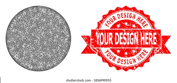 Wire frame filled circle icon, and Your Design Here corroded ribbon stamp. Red stamp seal includes Your Design Here text inside ribbon.Geometric wire frame flat network based on filled circle icon,