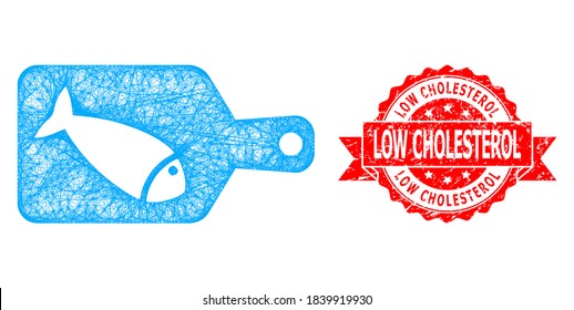 Wire frame fish cutting board icon, and Low Cholesterol scratched ribbon seal imitation. Red stamp seal includes Low Cholesterol tag inside ribbon.