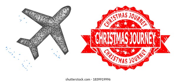 Wire frame flying air liner icon, and Christmas Journey rubber ribbon stamp seal. Red stamp seal has Christmas Journey title inside ribbon.