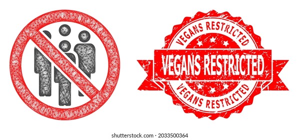 Wire Frame Forbidden Crowd Icon, And Vegans Restricted Textured Ribbon Seal Imitation. Red Seal Includes Vegans Restricted Title Inside Ribbon.