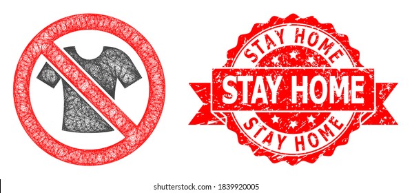 El marco de cables prohíbe el icono de ropa de camiseta y el sello de la cinta arañada de Stay Home. El sello rojo contiene el título Stay Home dentro de la cinta.