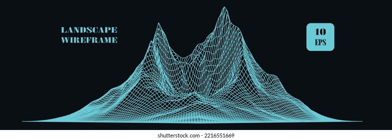 wire frame in the form of a mountain with two peaks of neon lines on a black background