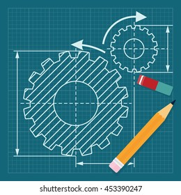 Wire frame gear blueprint drawing. Objects isolated on white background. Flat cartoon vector illustration.