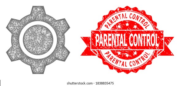 Icono del engranaje del bastidor del cable y imitación del sello de la cinta rasgada por el control parental. El sello rojo contiene texto de control parental dentro de la cinta.Red de marco geométrico de alambre 2D basada en el icono del engranaje,