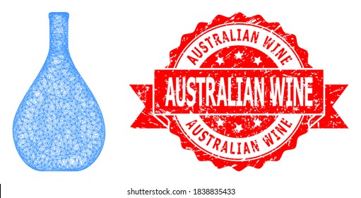 Wire frame glass jug icon, and Australian Wine textured ribbon seal. Red seal contains Australian Wine text inside ribbon.Geometric wire carcass flat network based on glass jug icon,