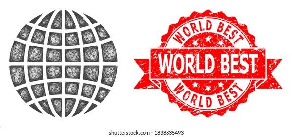 Wire frame globe icon, and World Best corroded ribbon seal. Red seal includes World Best caption inside ribbon.Geometric linear frame flat network based on globe icon, generated with crossing lines.