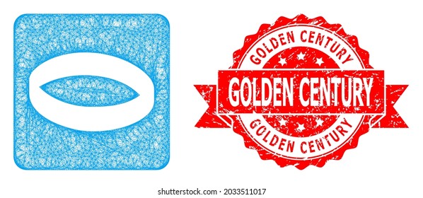 Wire frame gold ring icon, and Golden Century textured ribbon seal print. Red seal includes Golden Century tag inside ribbon.Geometric wire frame 2D net based on gold ring icon,
