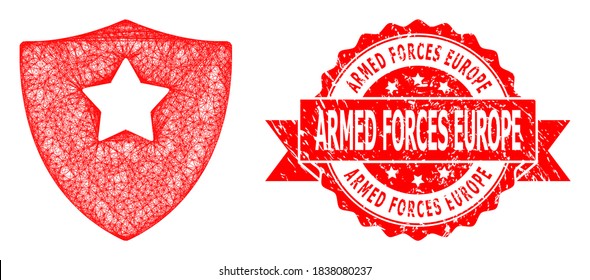 Icono de la protección de la protección de la estructura de alambre y sello de la cinta de las Fuerzas Armadas de Europa impuro. El sello rojo tiene el título de las Fuerzas Armadas de Europa dentro de la cinta.Red plana de marco geométrico de alambre basada en el icono de protección de la guardia,