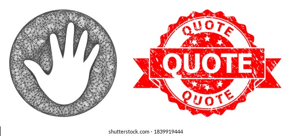Handkreis-Symbol für den Wire-Rahmen und schmutzige Bandstempel für Zitat. Der rote Stempel enthält den Angebotstitel in Ribbon.Geometrisches Drahtnetz 2D, basierend auf dem Handkreissymbol, erzeugt aus gekreuzten Linien.