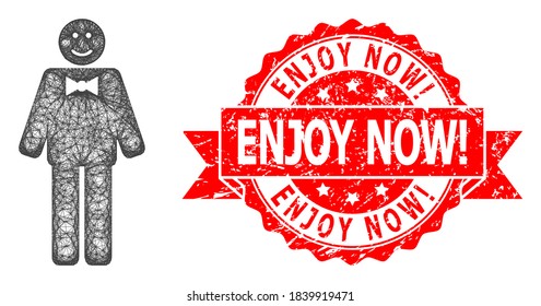 Wire frame happy mister icon, and Enjoy Now! corroded ribbon stamp. Red stamp seal includes Enjoy Now! tag inside ribbon.Geometric wire frame flat net based on happy mister icon,
