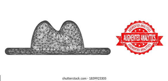 Wire frame hat icon, and Augmented Analytics grunge ribbon watermark. Red stamp has Augmented Analytics tag inside ribbon.Geometric wire frame flat network based on hat icon,
