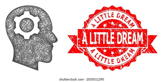 Wire frame head gear icon, and A Little Dream textured ribbon watermark. Red stamp has A Little Dream text inside ribbon.Geometric wire frame flat network based on head gear icon,