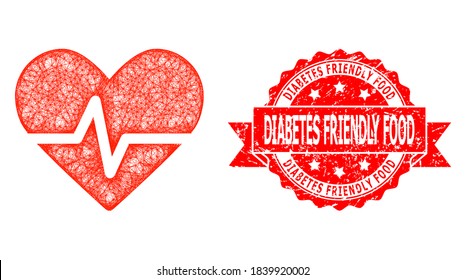 Wire frame heart pulse icon, and Diabetes Friendly Food textured ribbon stamp. Red stamp has Diabetes Friendly Food tag inside ribbon.Geometric wire frame flat network based on heart pulse icon,