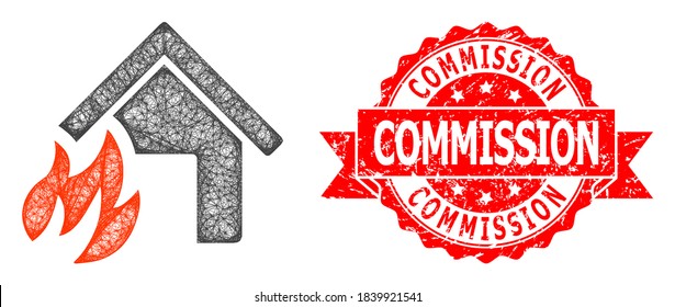 Wire frame house fire disaster icon, and Commission textured ribbon seal. Red seal includes Commission caption inside ribbon.Geometric wire frame flat net based on house fire disaster icon,