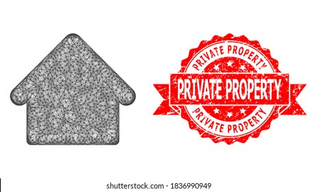 Icono de la casa del marco de cables y imitación del sello de cinta rasgada por Private Property. El sello rojo contiene la etiqueta Propiedad Privada dentro de la cinta.Red geométrica del marco de alambre 2D basada en el icono de la casa,