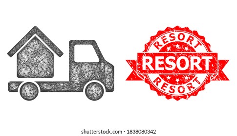 Wire frame house trailer icon, and Resort corroded ribbon seal imitation. Red seal includes Resort title inside ribbon.Geometric wire frame flat network based on house trailer icon,