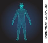 Wire frame human body in virtual reality. Medical blue print scanned 3D model. Polygonal technology design