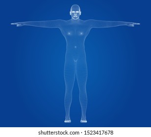 Wire frame human body in virtual reality. Medical scanned 3D model. Polygonal technology design.