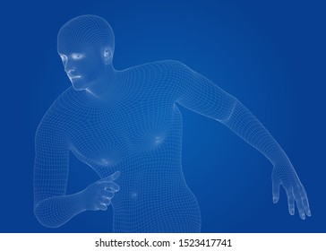 Enfoque de alambre cuerpo humano en realidad virtual. Modelo 3D digitalizado por médicos. Diseño de tecnología polígona.