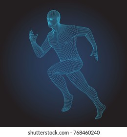 Wire frame human full body in virtual reality. Medical blue print scanned 3D model. Polygonal technology design. Sprinter Running figure