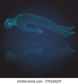 Wire Frame Human Full Body In Virtual Reality. Medical Blue Print Scanned 3D Model. Polygonal Technology Design