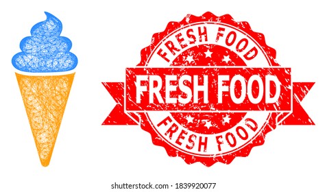 Wire frame ice cream icon, and Fresh Food scratched ribbon stamp seal. Red stamp seal has Fresh Food title inside ribbon.Geometric linear frame flat network based on ice cream icon,