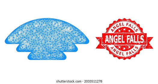 Wire frame ice hill icon, and Angel Falls dirty ribbon stamp. Red stamp seal includes Angel Falls caption inside ribbon.Geometric wire frame 2D network based on ice hill icon,