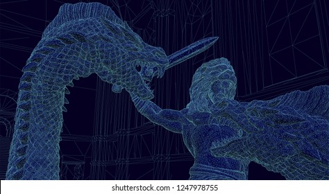 wire frame illustration of an ancient warrior fighting a monster inside of a digital video game environment