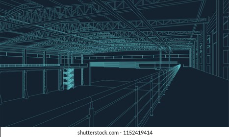 wire frame illustration of an industrial warehouse or hangar for virtual reality