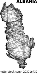 Wire frame irregular mesh Albania map. Abstract lines form Albania map. Wire carcass flat network in vector format. Vector carcass is created for Albania map using crossing random lines.