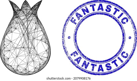 Wire frame irregular mesh alien egg icon, and Fantastic dirty round seal print. Abstract lines form alien egg object. Blue seal has Fantastic tag inside round form.