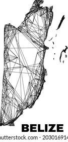 Mapa irregular de malla de alambre mapa de Belice. Las líneas abstractas se combinan en el mapa de Belice. Red 2D de marco de cables en formato vector. Se crea un modelo vectorial para el mapa de Belice mediante el cruce de líneas aleatorias.