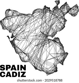 Wire frame irregular mesh Cadiz Province map. Abstract lines form Cadiz Province map. Wire frame flat net in vector format.