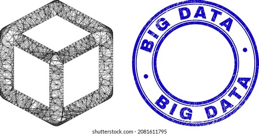 Wire frame irregular mesh cube ribs icon with Big Data rubber round stamp. Abstract lines form cube ribs object. Blue stamp contains Big Data tag inside round form.