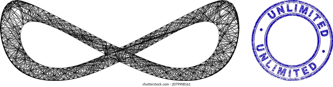 Wire frame irregular mesh distorted infinity icon with Unlimited textured round stamp seal. Abstract lines are combined into distorted infinity picture.