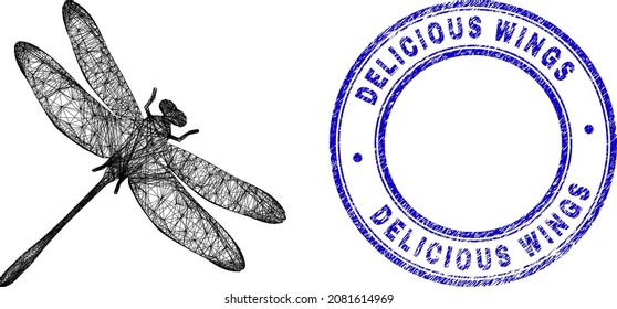 Wire frame irregular mesh dragonfly icon, and Delicious Wings scratched round stamp. Abstract lines form dragonfly object. Blue stamp seal contains Delicious Wings title inside circle form.