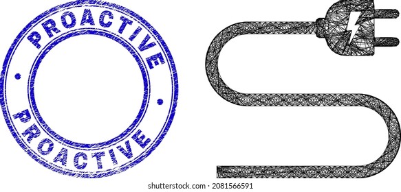 Wire Frame Irregular Mesh Electric Cord Icon With Proactive Grunge Round Seal Imitation. Abstract Lines Form Electric Cord Illustration. Blue Stamp Contains Proactive Tag Inside Round Form.