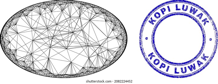 Wire frame irregular mesh ellipse icon with Kopi Luwak Original Coffee corroded round stamp seal. Abstract lines form ellipse picture.