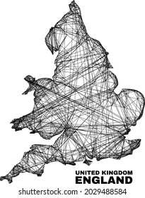 Mapa irregular de malla de alambre en el mapa de Inglaterra. Líneas abstractas del mapa de Inglaterra. Red 2D de marco de cables en formato vector. Se crea una carcasa vectorial para el mapa de Inglaterra utilizando líneas aleatorias interseccionadas.