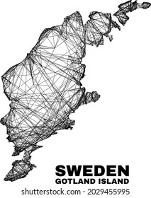 Wire frame irregular mesh Gotland Island map. Abstract lines are combined into Gotland Island map. Linear frame flat network in vector format.