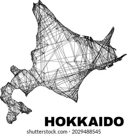 Wire frame irregular mesh Hokkaido map. Abstract lines are combined into Hokkaido map. Wire carcass flat net in vector format.