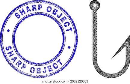 Wire frame irregular mesh hook icon with Sharp Object corroded round seal print. Abstract lines form hook illustration. Blue seal includes Sharp Object text inside round form.
