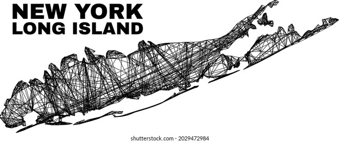 Drahtrahmen unregelmäßiger Masche Long Island Karte. Abstrakte Linien werden zu Long Island Karte zusammengefasst. Flachnetz mit Drahtrahmen im Vektorformat.